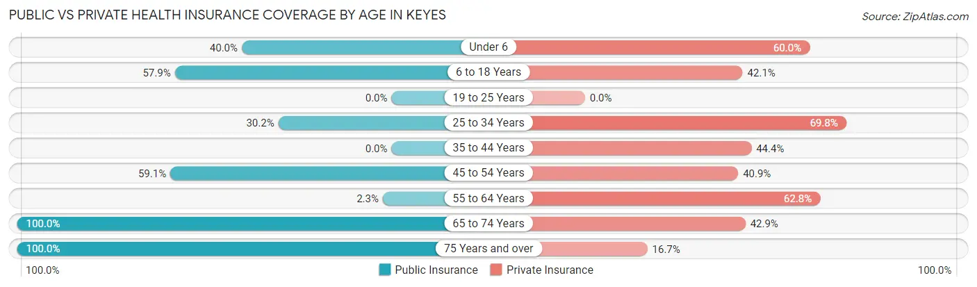 Public vs Private Health Insurance Coverage by Age in Keyes