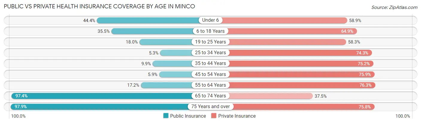 Public vs Private Health Insurance Coverage by Age in Minco