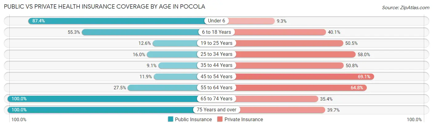 Public vs Private Health Insurance Coverage by Age in Pocola