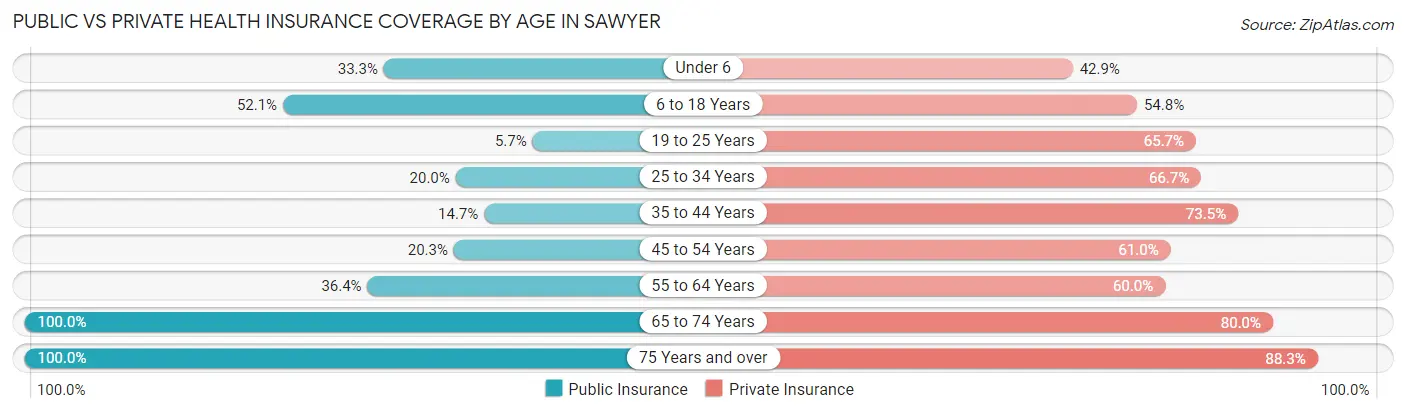 Public vs Private Health Insurance Coverage by Age in Sawyer