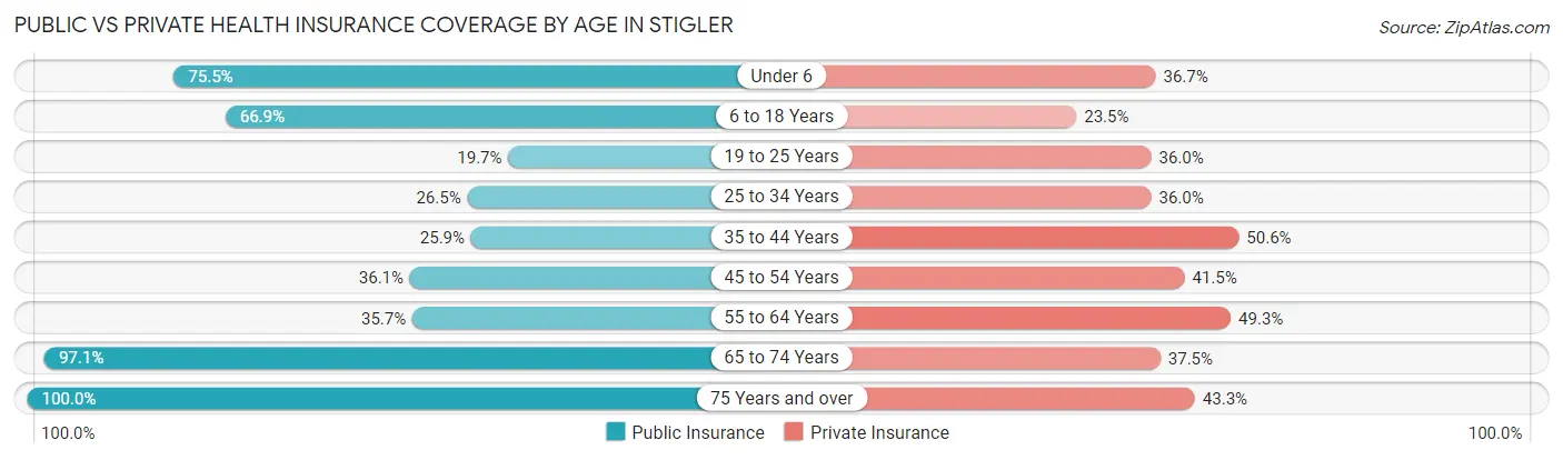 Public vs Private Health Insurance Coverage by Age in Stigler
