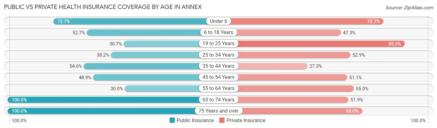 Public vs Private Health Insurance Coverage by Age in Annex