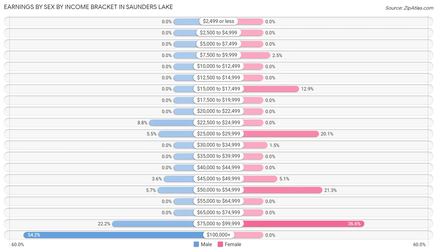 Earnings by Sex by Income Bracket in Saunders Lake