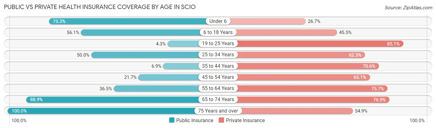 Public vs Private Health Insurance Coverage by Age in Scio