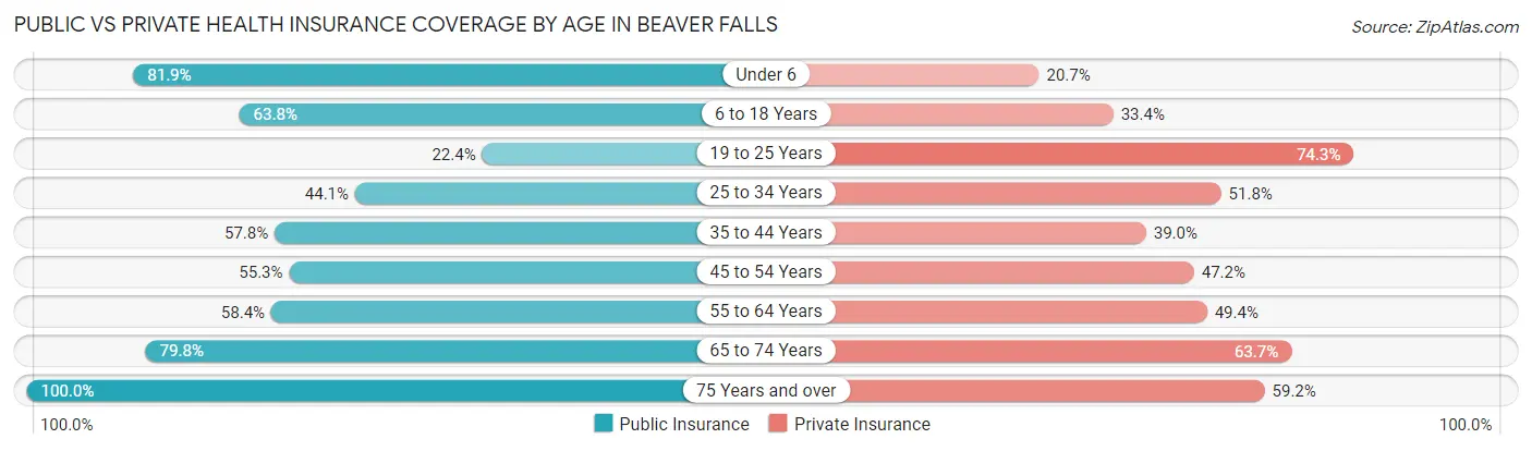 Public vs Private Health Insurance Coverage by Age in Beaver Falls