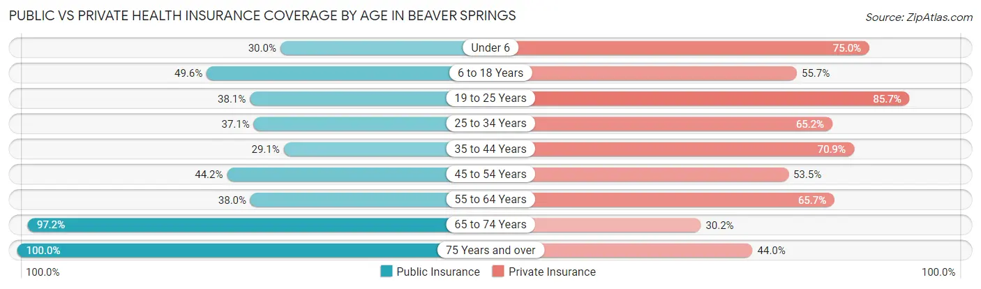 Public vs Private Health Insurance Coverage by Age in Beaver Springs