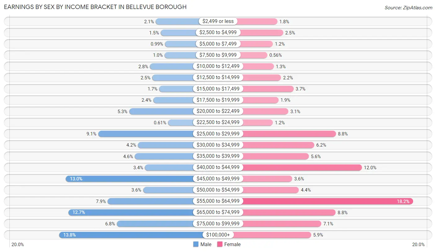 Earnings by Sex by Income Bracket in Bellevue borough