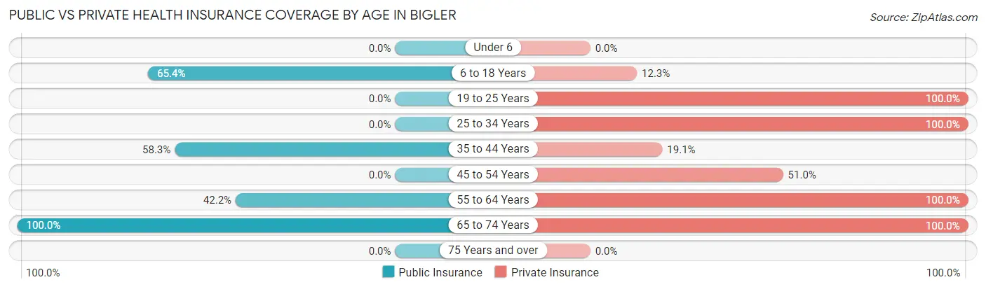 Public vs Private Health Insurance Coverage by Age in Bigler