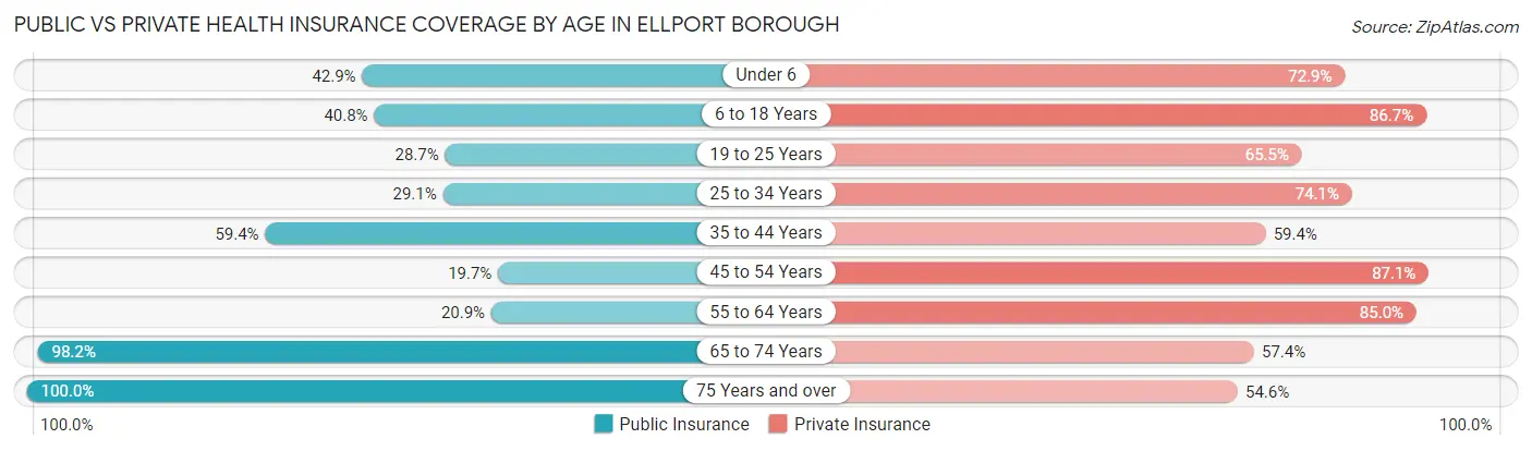 Public vs Private Health Insurance Coverage by Age in Ellport borough