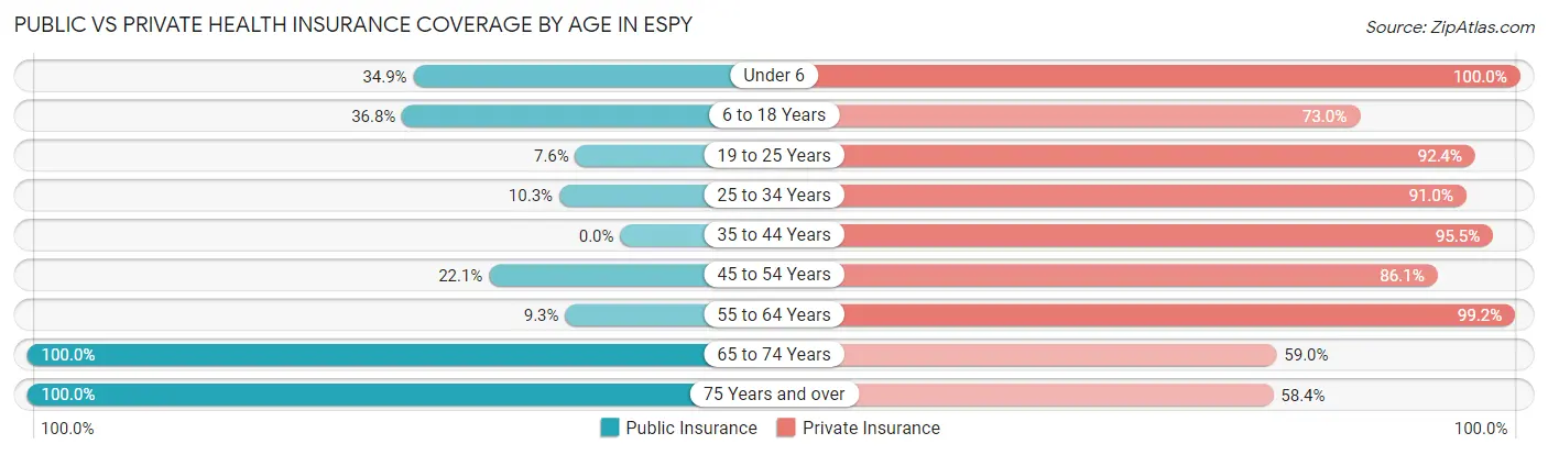 Public vs Private Health Insurance Coverage by Age in Espy