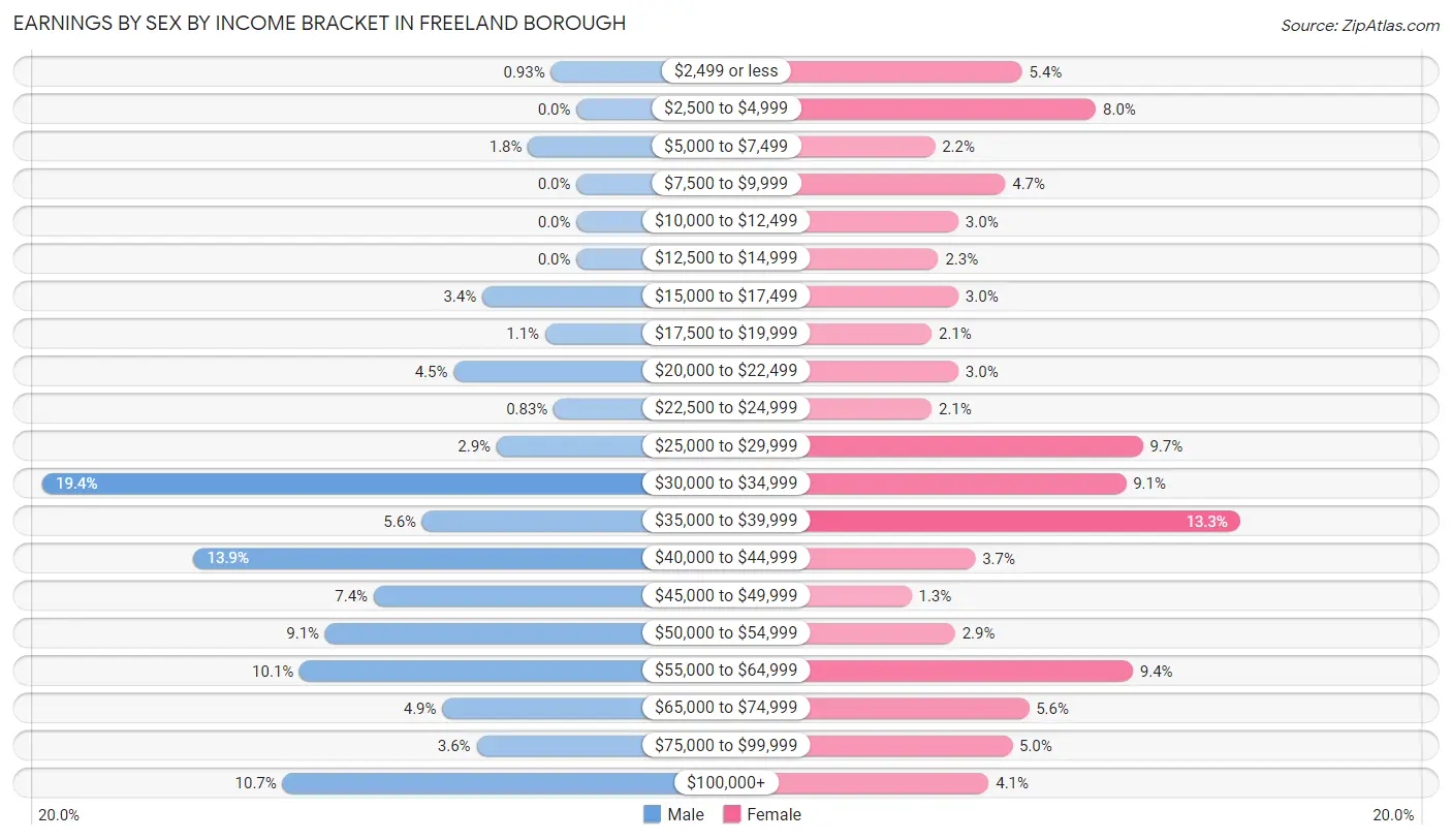 Earnings by Sex by Income Bracket in Freeland borough