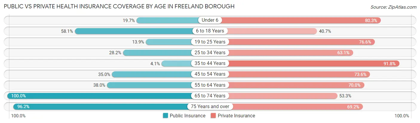 Public vs Private Health Insurance Coverage by Age in Freeland borough