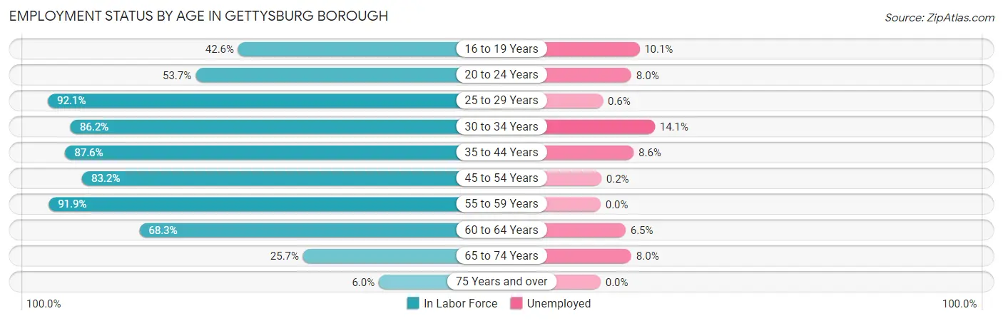 Employment Status by Age in Gettysburg borough