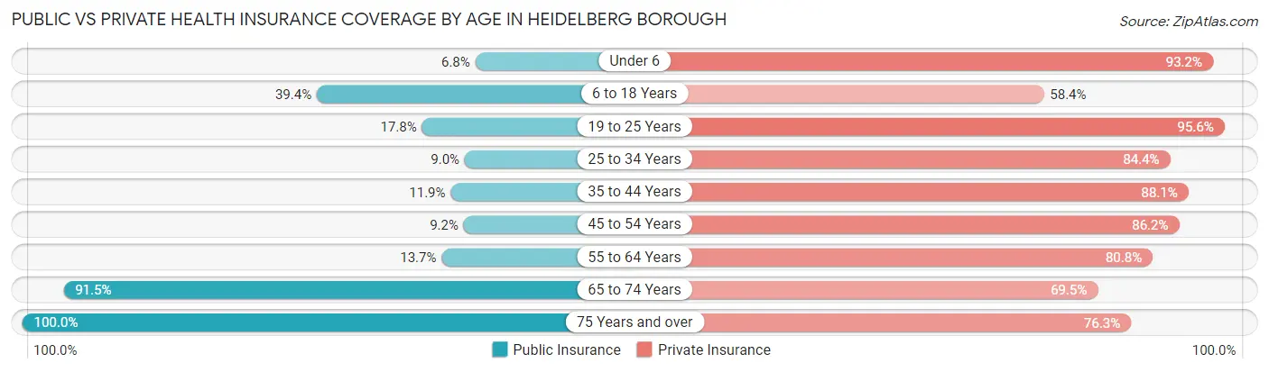 Public vs Private Health Insurance Coverage by Age in Heidelberg borough