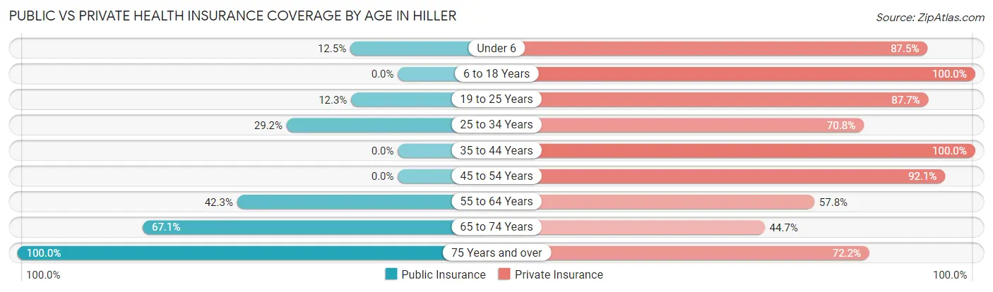Public vs Private Health Insurance Coverage by Age in Hiller