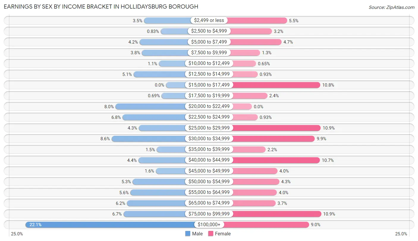 Earnings by Sex by Income Bracket in Hollidaysburg borough