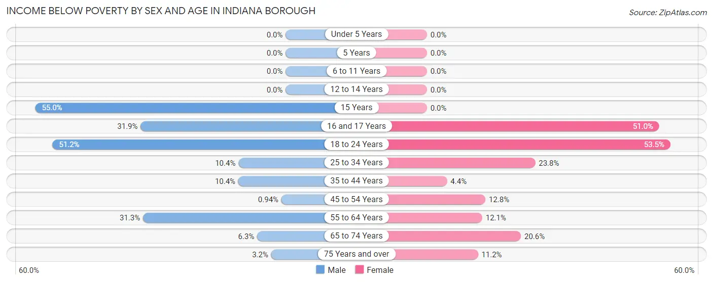 Income Below Poverty by Sex and Age in Indiana borough