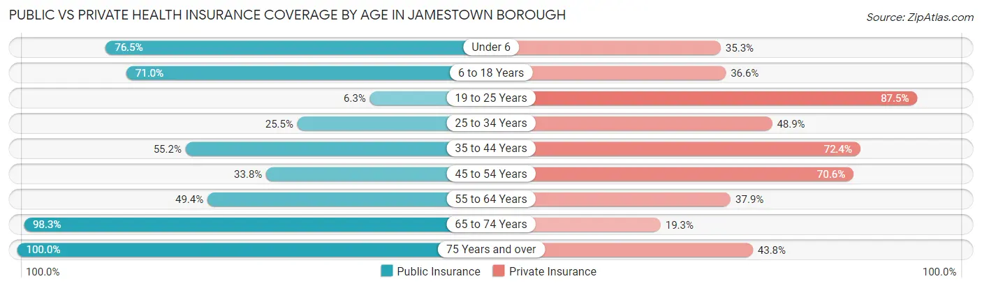 Public vs Private Health Insurance Coverage by Age in Jamestown borough