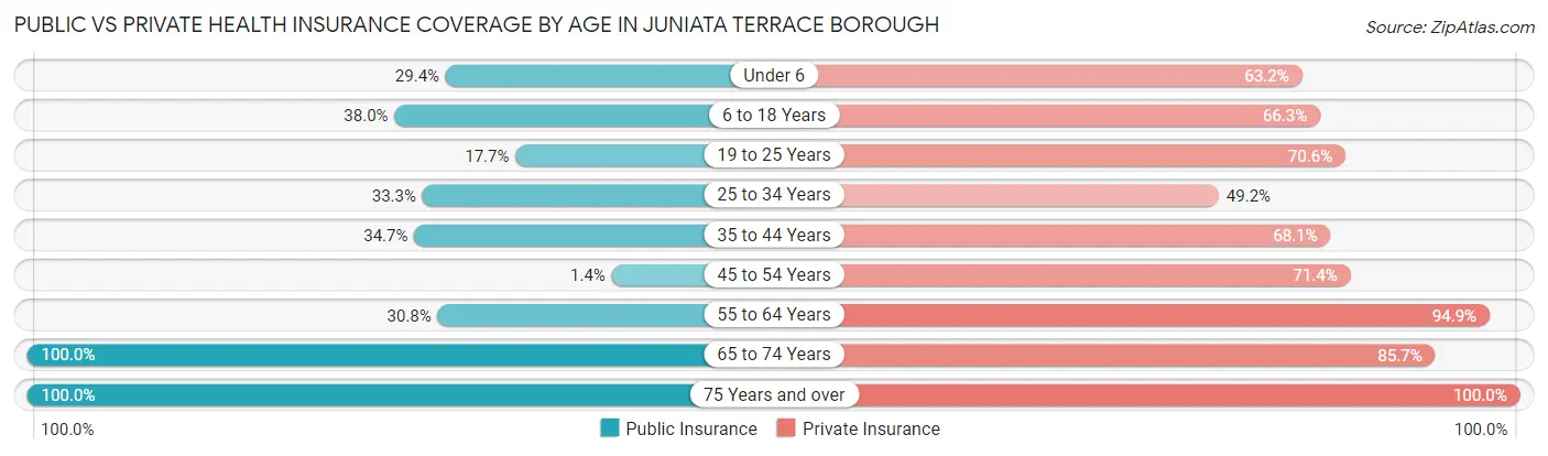 Public vs Private Health Insurance Coverage by Age in Juniata Terrace borough