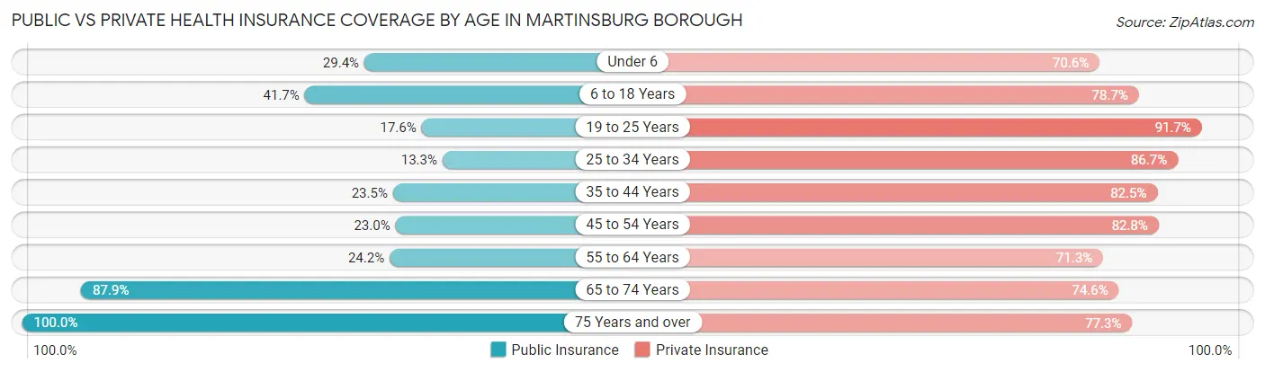Public vs Private Health Insurance Coverage by Age in Martinsburg borough