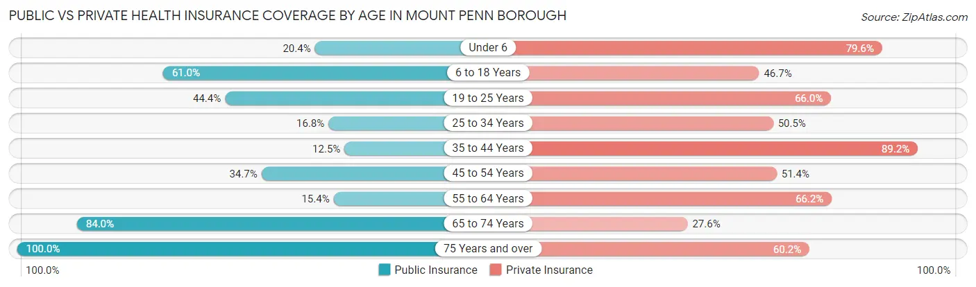 Public vs Private Health Insurance Coverage by Age in Mount Penn borough
