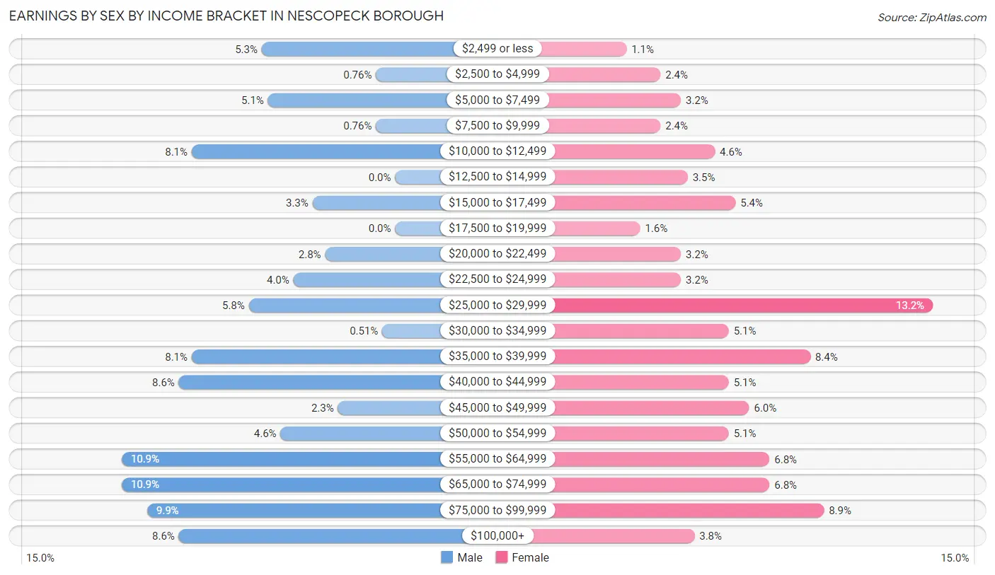 Earnings by Sex by Income Bracket in Nescopeck borough