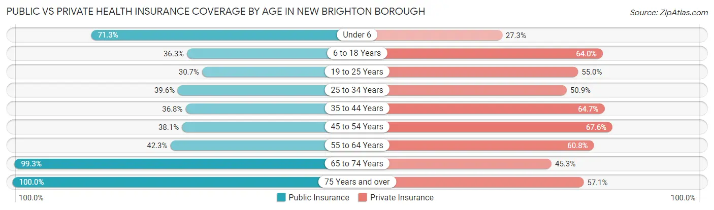 Public vs Private Health Insurance Coverage by Age in New Brighton borough
