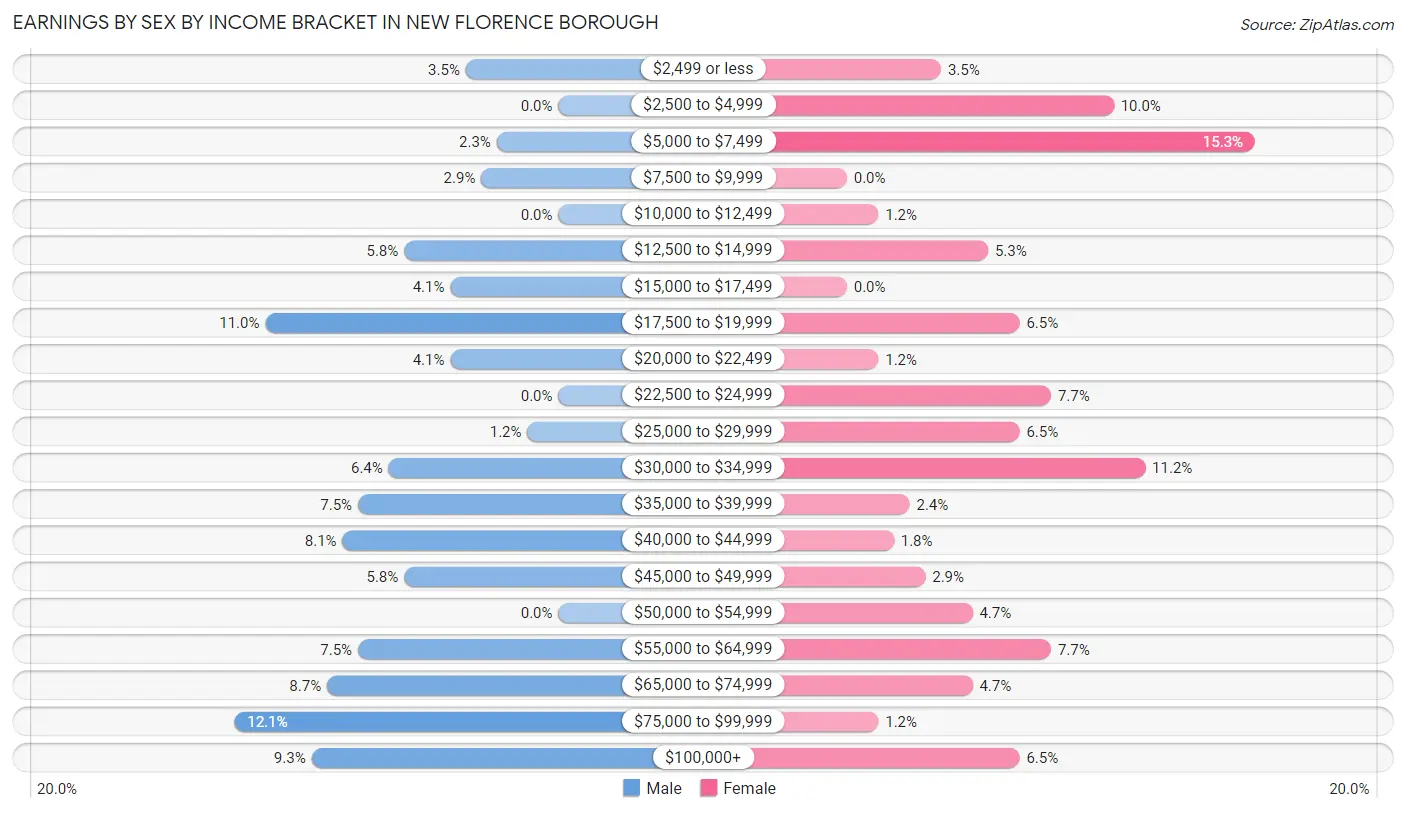 Earnings by Sex by Income Bracket in New Florence borough