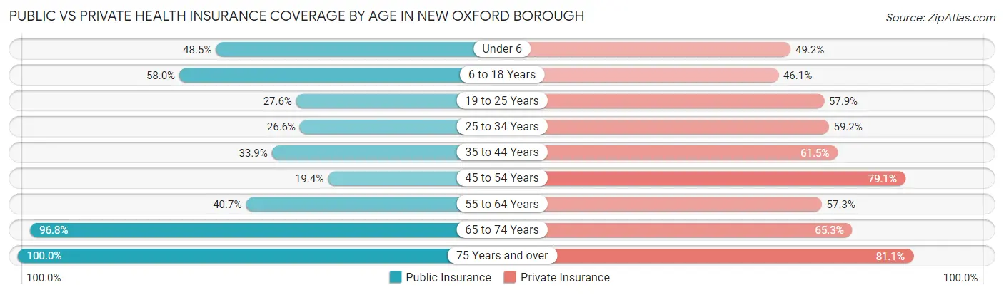 Public vs Private Health Insurance Coverage by Age in New Oxford borough