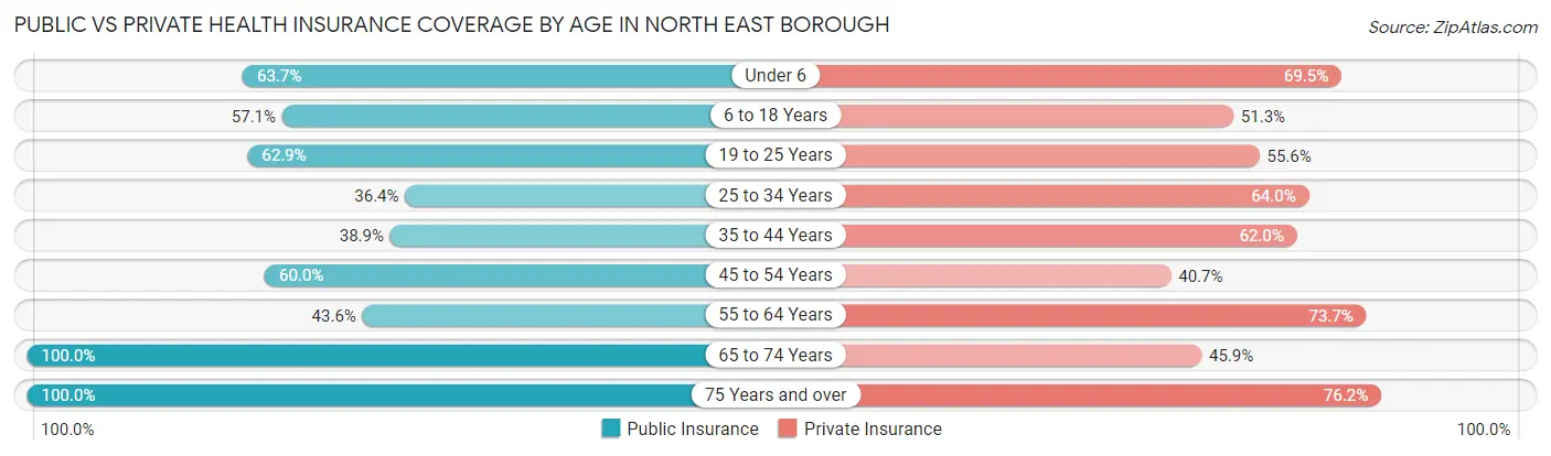 Public vs Private Health Insurance Coverage by Age in North East borough
