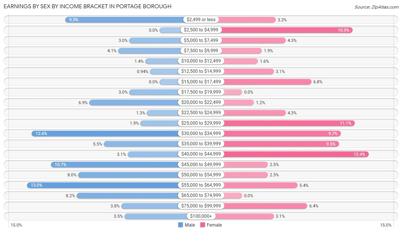 Earnings by Sex by Income Bracket in Portage borough