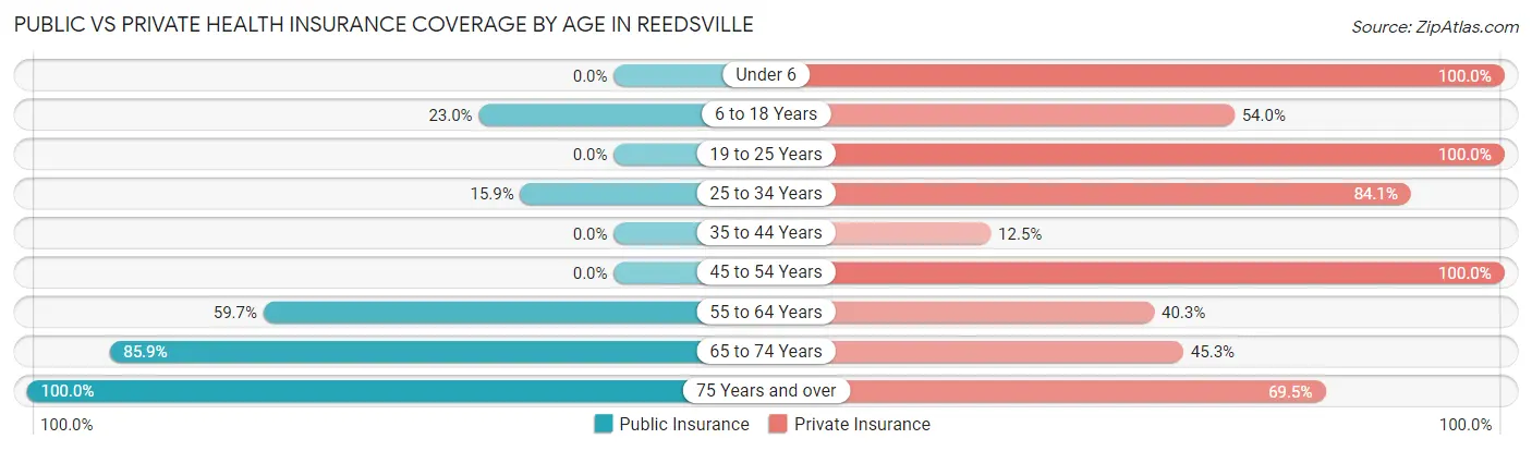 Public vs Private Health Insurance Coverage by Age in Reedsville