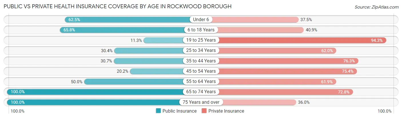 Public vs Private Health Insurance Coverage by Age in Rockwood borough