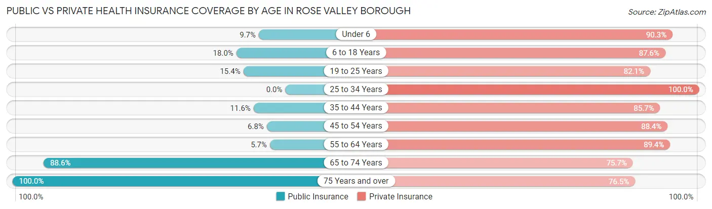 Public vs Private Health Insurance Coverage by Age in Rose Valley borough
