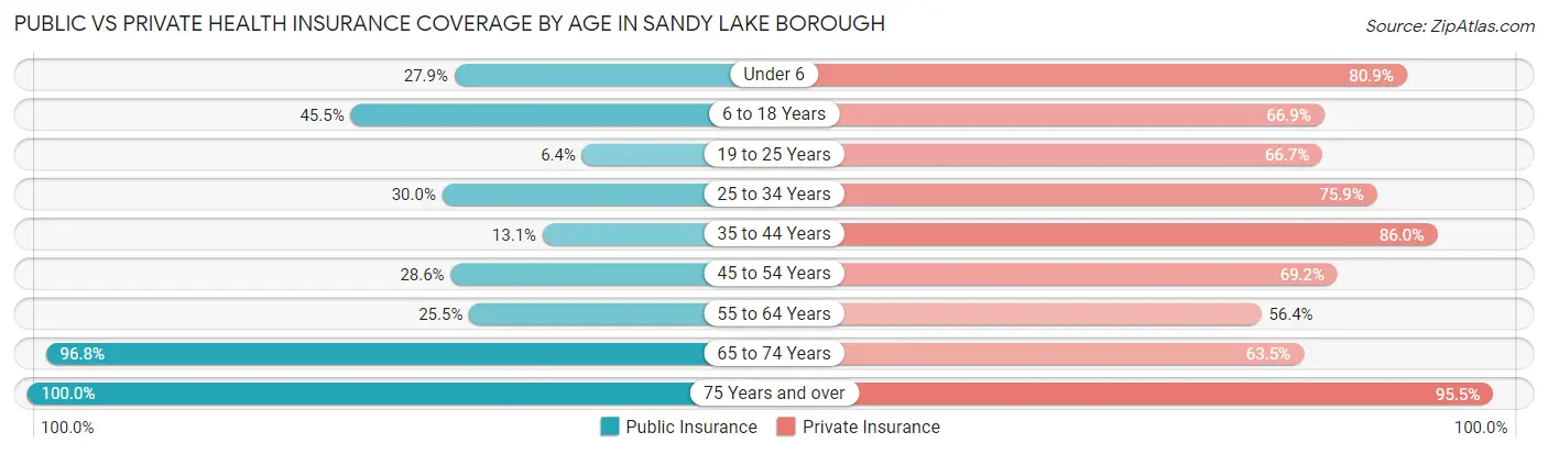Public vs Private Health Insurance Coverage by Age in Sandy Lake borough