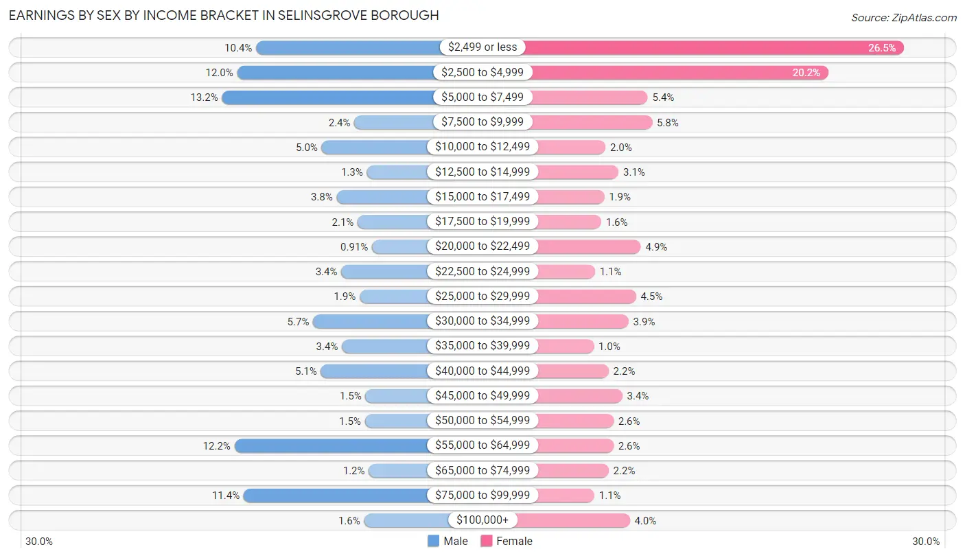 Earnings by Sex by Income Bracket in Selinsgrove borough