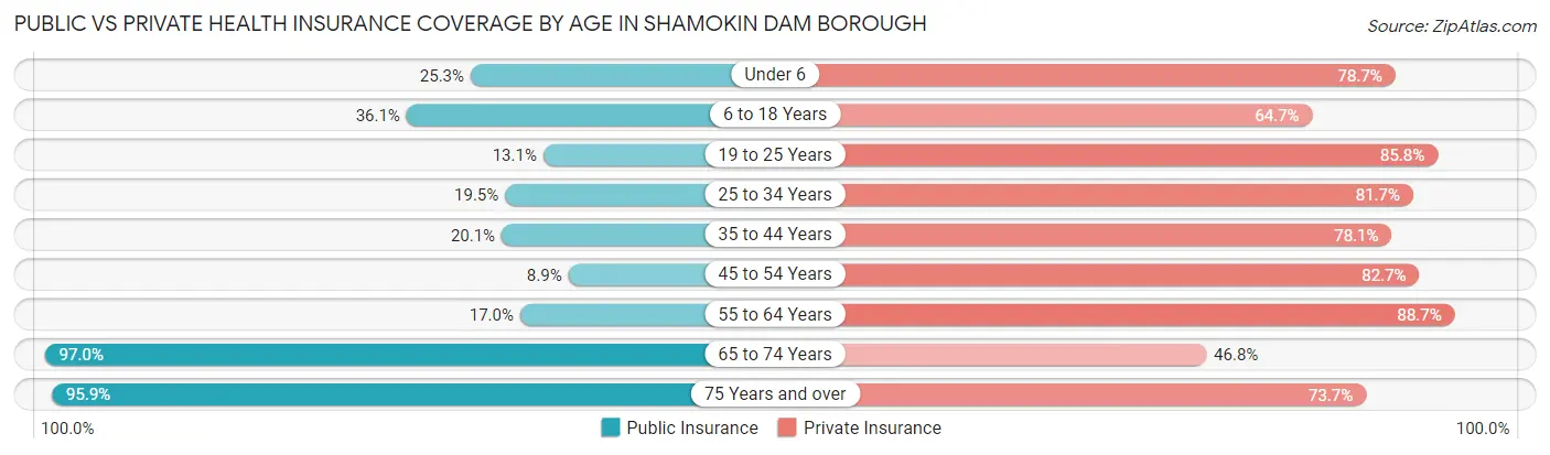 Public vs Private Health Insurance Coverage by Age in Shamokin Dam borough
