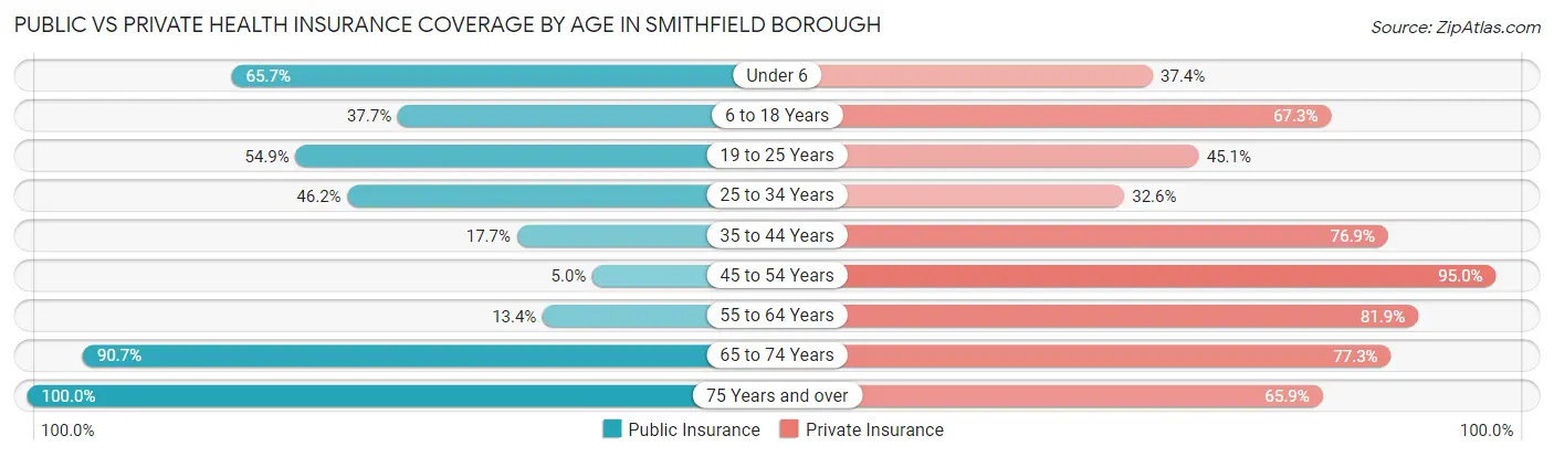 Public vs Private Health Insurance Coverage by Age in Smithfield borough