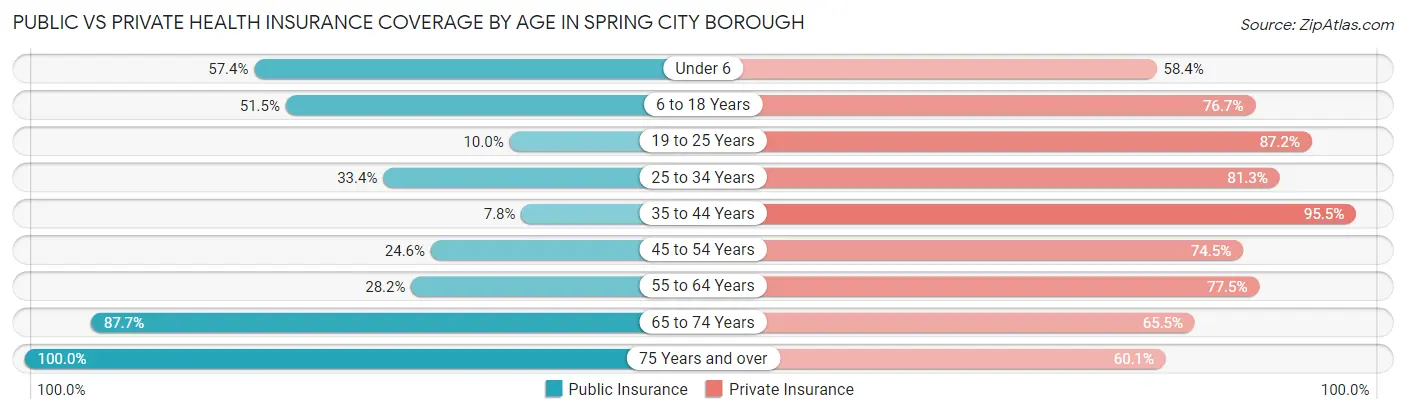 Public vs Private Health Insurance Coverage by Age in Spring City borough