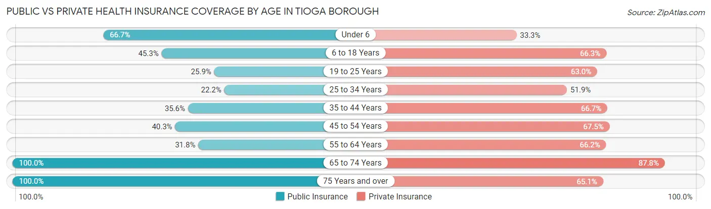 Public vs Private Health Insurance Coverage by Age in Tioga borough