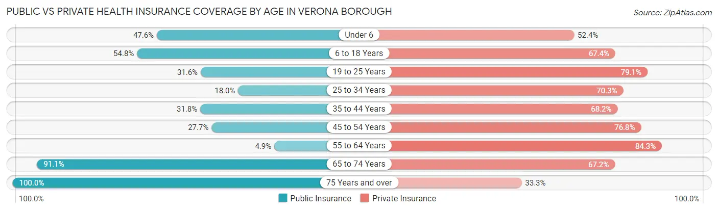Public vs Private Health Insurance Coverage by Age in Verona borough