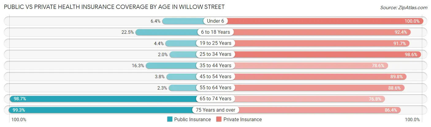 Public vs Private Health Insurance Coverage by Age in Willow Street