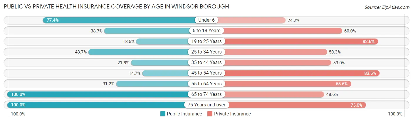 Public vs Private Health Insurance Coverage by Age in Windsor borough