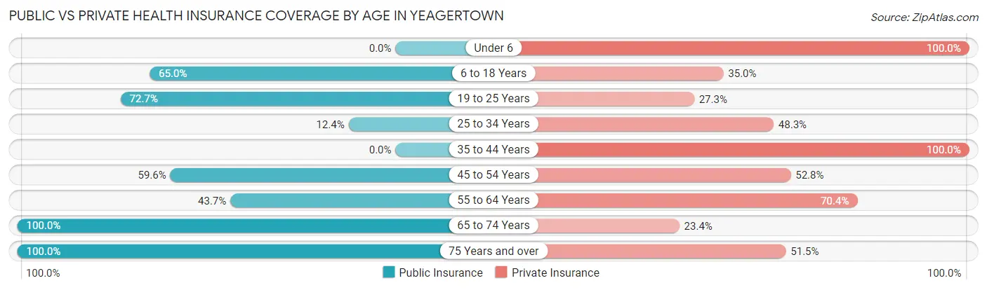 Public vs Private Health Insurance Coverage by Age in Yeagertown