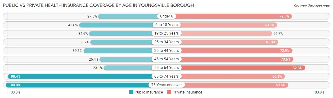 Public vs Private Health Insurance Coverage by Age in Youngsville borough