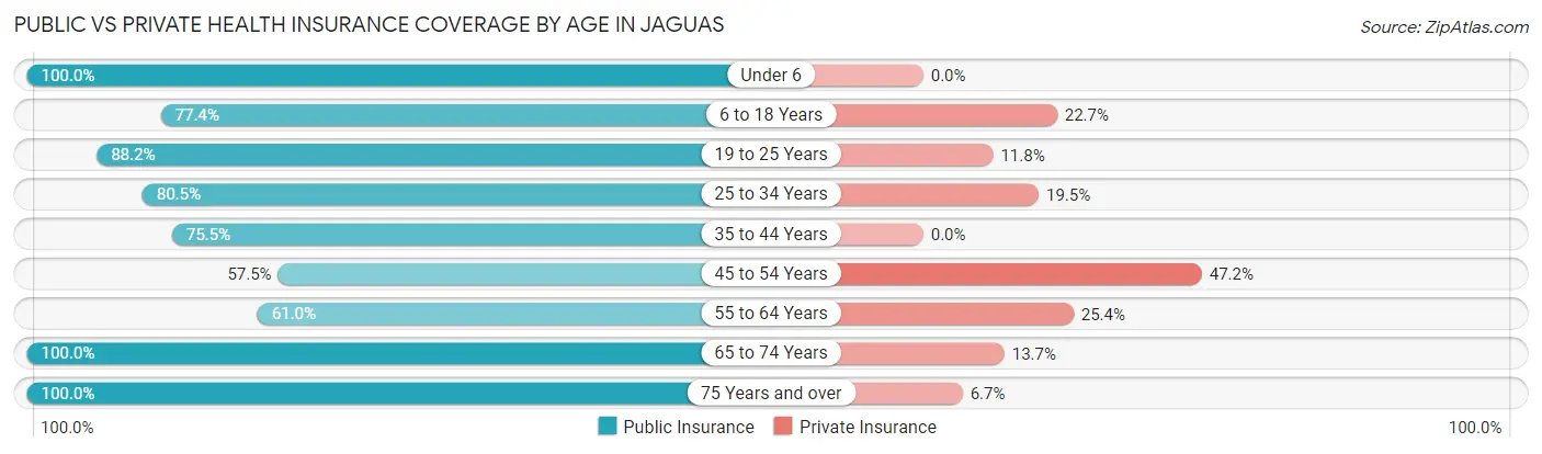 Public vs Private Health Insurance Coverage by Age in Jaguas