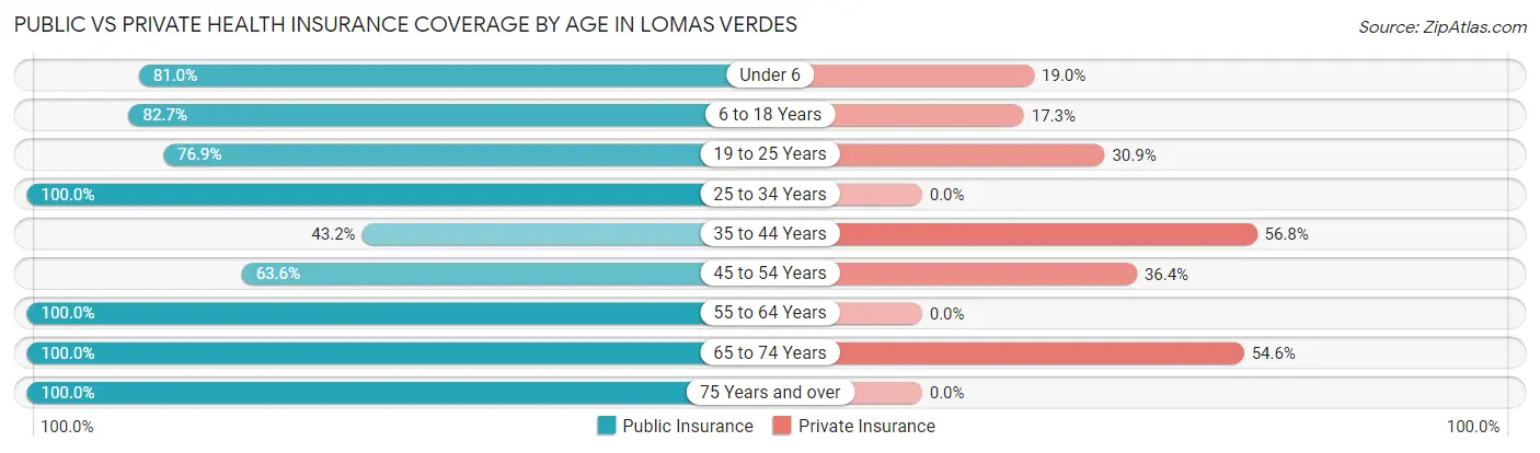 Public vs Private Health Insurance Coverage by Age in Lomas Verdes