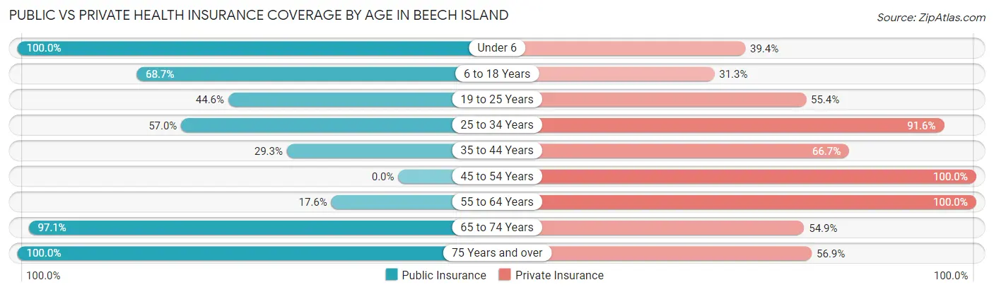 Public vs Private Health Insurance Coverage by Age in Beech Island