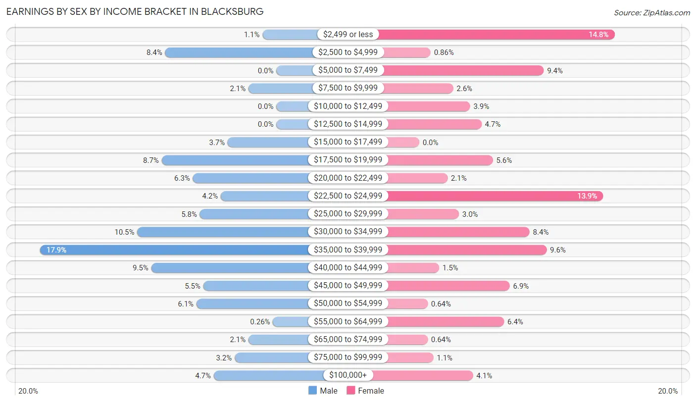 Earnings by Sex by Income Bracket in Blacksburg