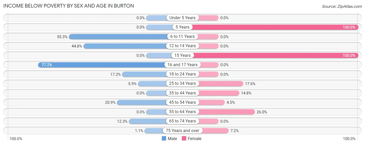 Income Below Poverty by Sex and Age in Burton